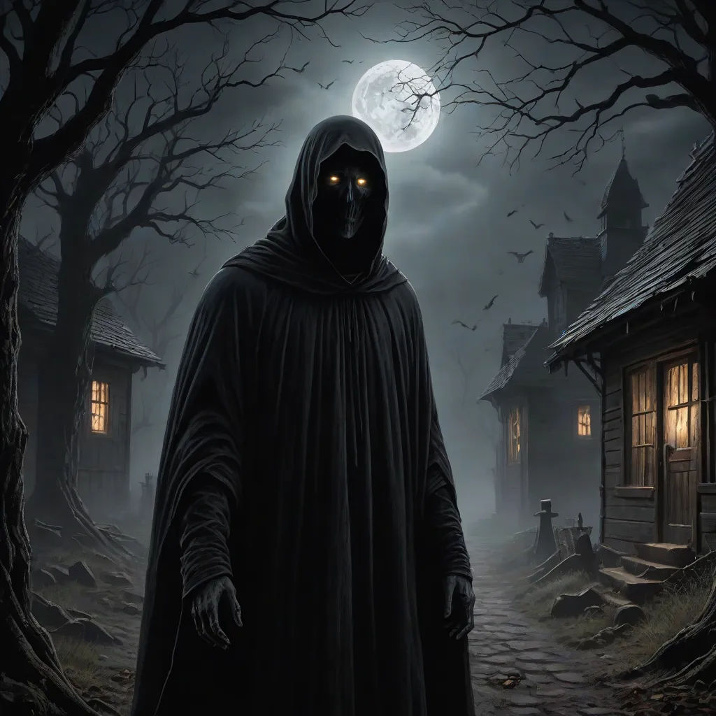 a man in a hooded robe standing in front of a house with a full moon in the background and bats flying overhead, gothic art, a detailed matte painting, Anne Stokes, dark fantasy art