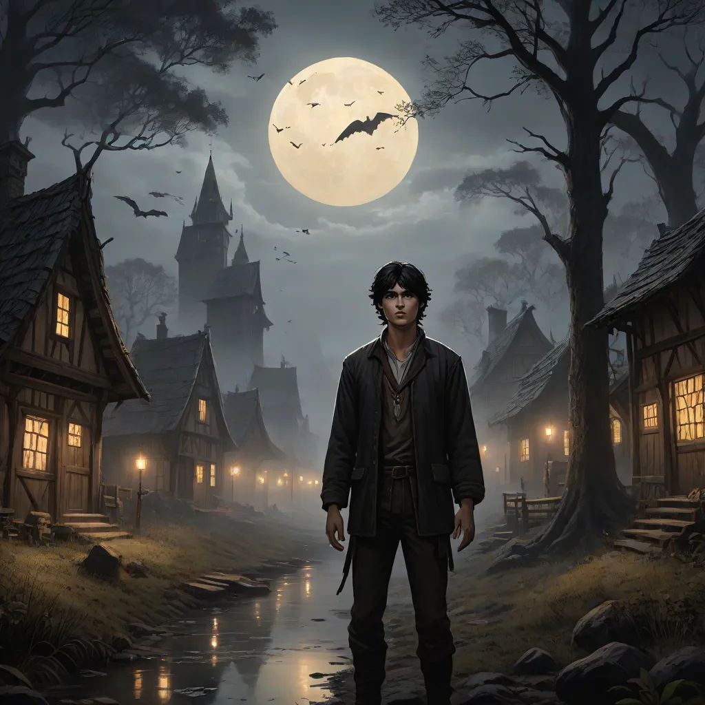 a man standing in front of a creepy house with a full moon in the background and bats flying over the house, fantasy art, a detailed matte painting, Andreas Rocha, key art