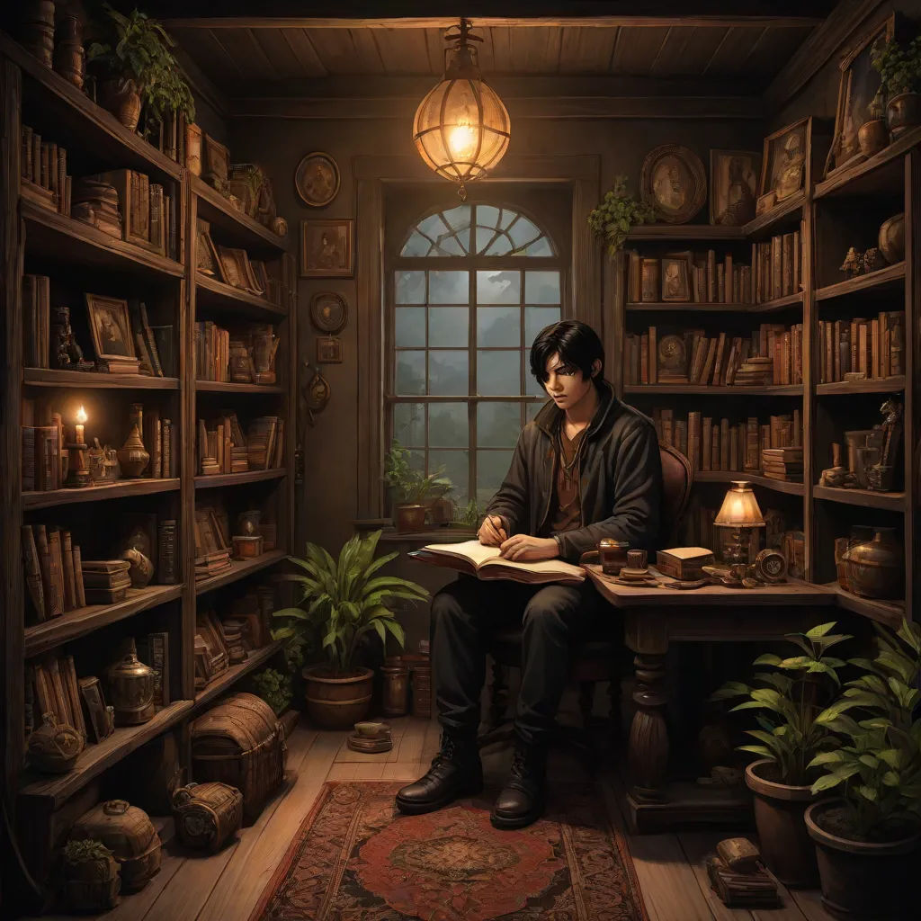 a man sitting at a desk in a library filled with books and plants, reading a book and looking at a book, fantasy art, a storybook illustration, Cedric Seaut (Keos Masons), highly detailed digital painting