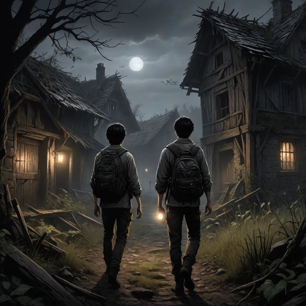 two people walking down a path towards a house at night with a full moon in the background and a dark sky, sots art, concept art, Brothers Hildebrandt, key art