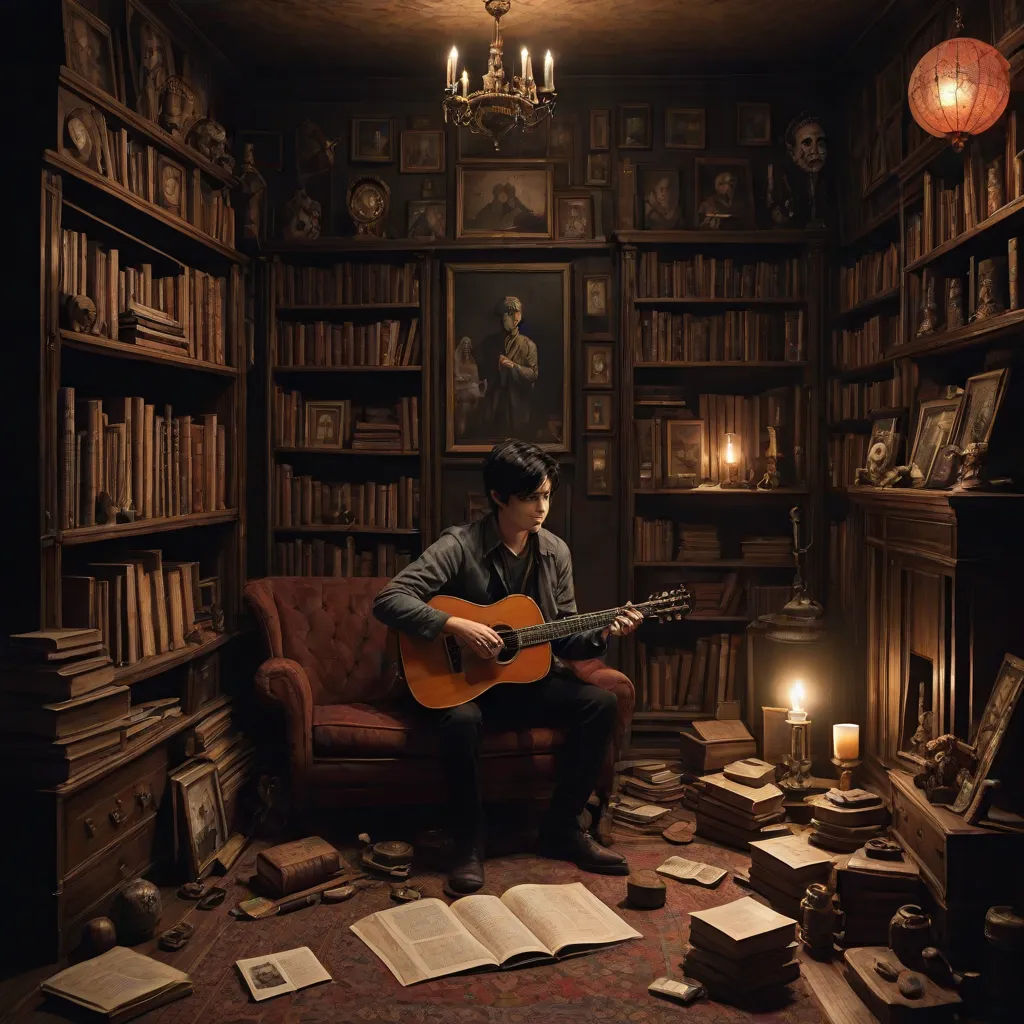 a man sitting in a chair with a guitar in a library filled with books and bookshelves with candles, art photography, a storybook illustration, Amir Zand, studio portrait