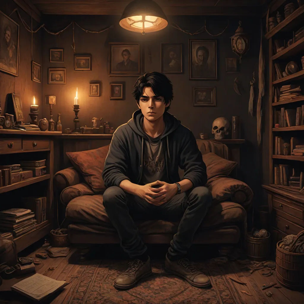 a man sitting on a couch in a room with a lot of books and a lamp on the wall, sots art, concept art, Cedric Seaut (Keos Masons), official art