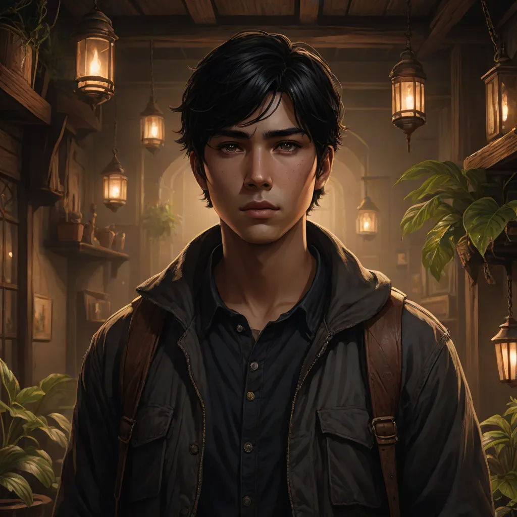 a man with a backpack standing in a room with plants and lanterns on the walls and a light on the ceiling, sots art, a character portrait, Aaron Jasinski, key art