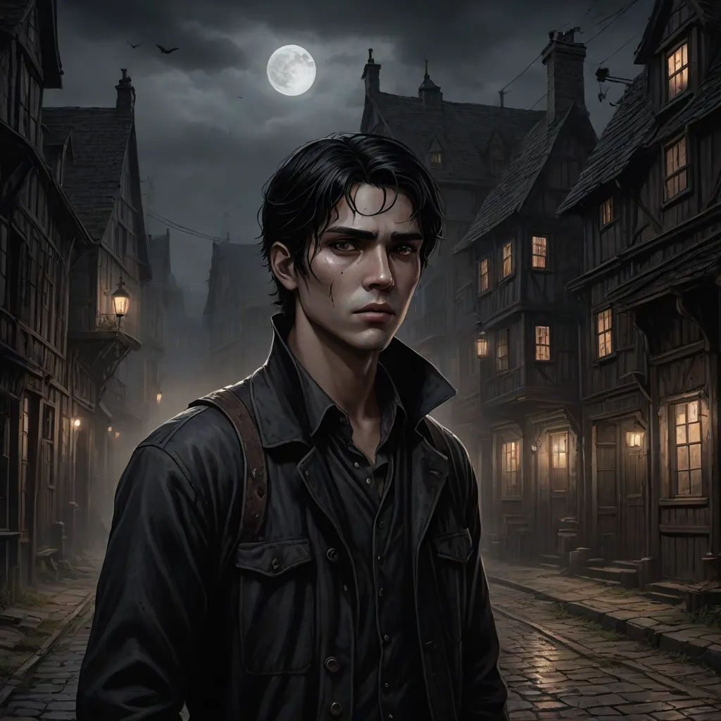 a man standing in front of a street at night with a full moon in the background and a dark city, fantasy art, a character portrait, Cedric Seaut (Keos Masons), kinkade