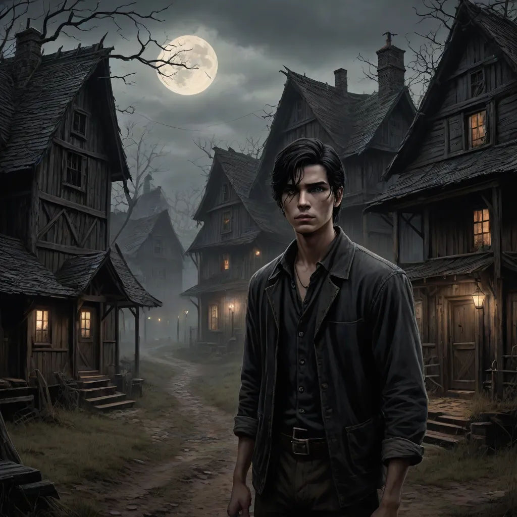 a man standing in front of a creepy house with a full moon in the background and a creepy looking sky, fantasy art, a detailed matte painting, Cedric Seaut (Keos Masons), key art