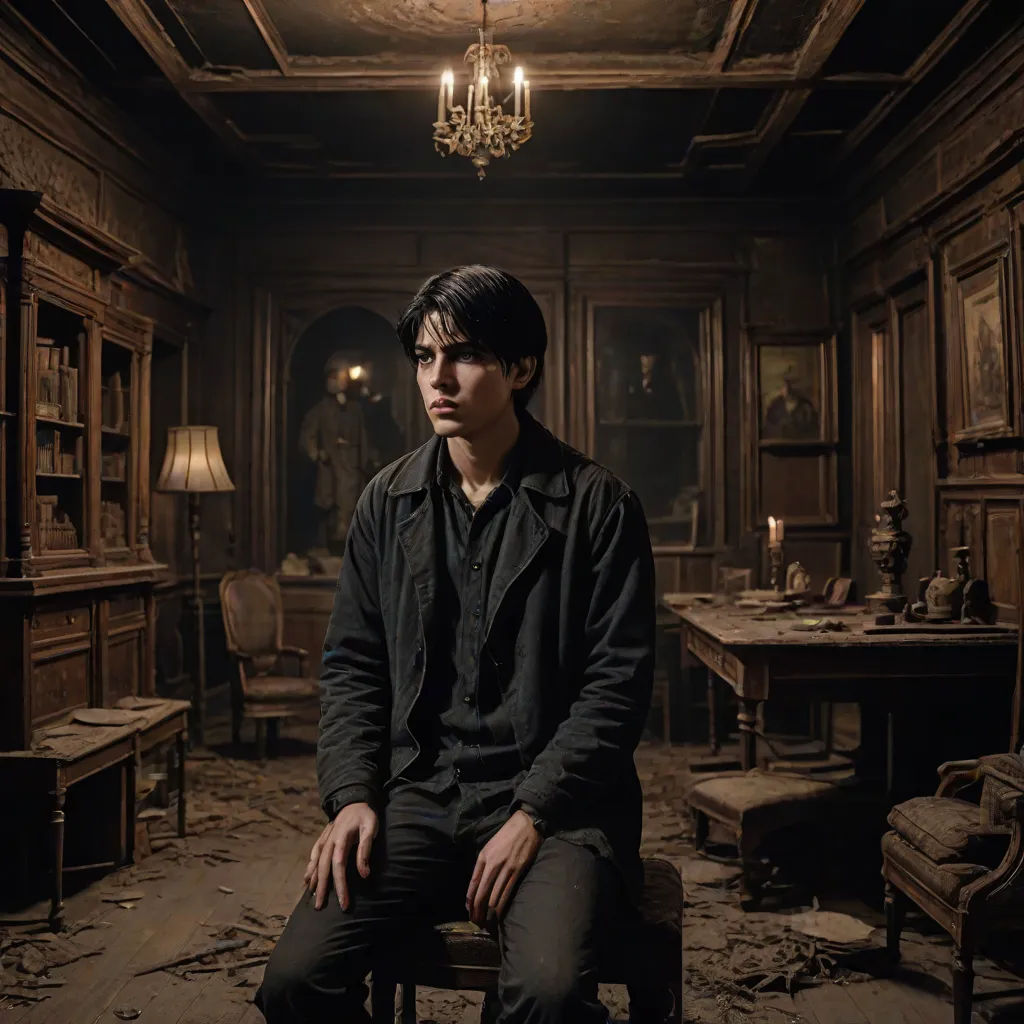 a man sitting in a room with a chandelier hanging from the ceiling and a chandelier hanging from the ceiling, aestheticism, a character portrait, Daryush Shokof, vfx