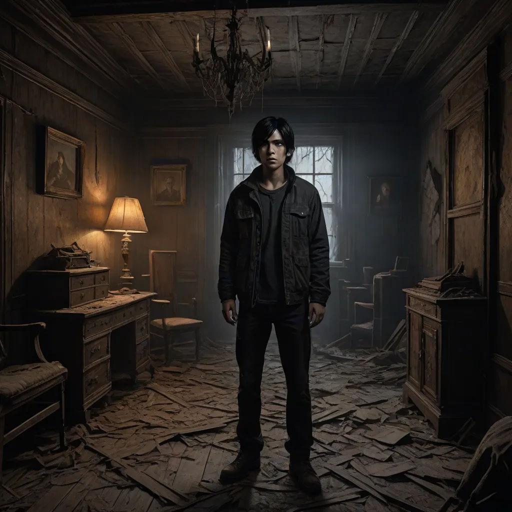 a man standing in a room with a chandelier and a desk in the background with a lamp on, gothic art, a character portrait, Cedric Seaut (Keos Masons), promotional image
