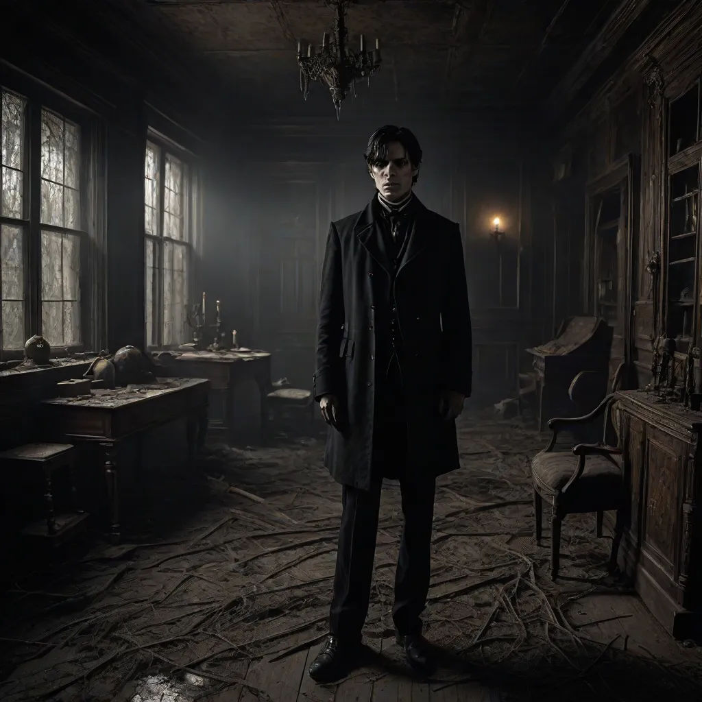 a man in a dark room with a chandelier hanging from the ceiling and a table with chairs, gothic art, a detailed matte painting, David Brewster, promotional image