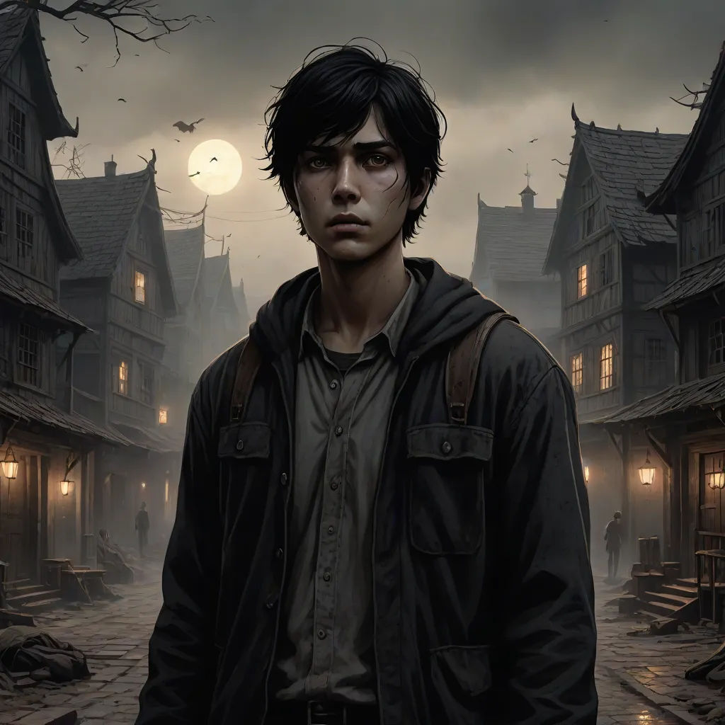 a man standing in front of a creepy looking house with a full moon in the background and a creepy looking building, fantasy art, a character portrait, Bastien Lecouffe-Deharme, official art