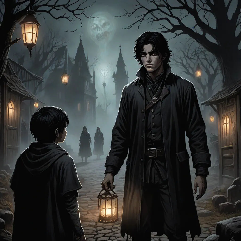 a man holding a lantern next to a boy in a dark alley with a ghost in the background and a full moon in the sky, fantasy art, a storybook illustration, Chris Rallis, mars ravelo and greg rutkowski