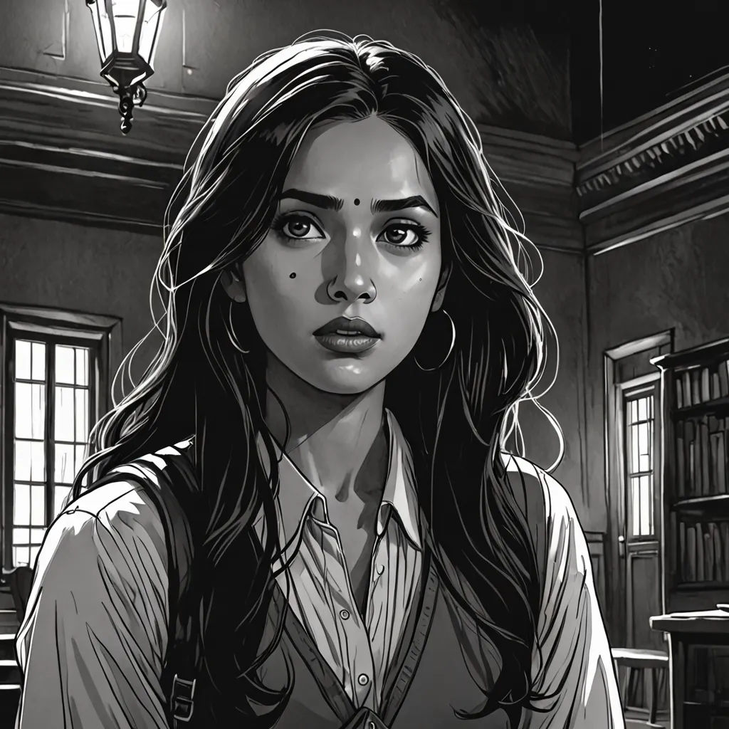 a woman in a room with a lamp and a book shelf in the background, and a lantern hanging from the ceiling, bengal school of art, a comic book panel, Charlie Bowater, comic cover art