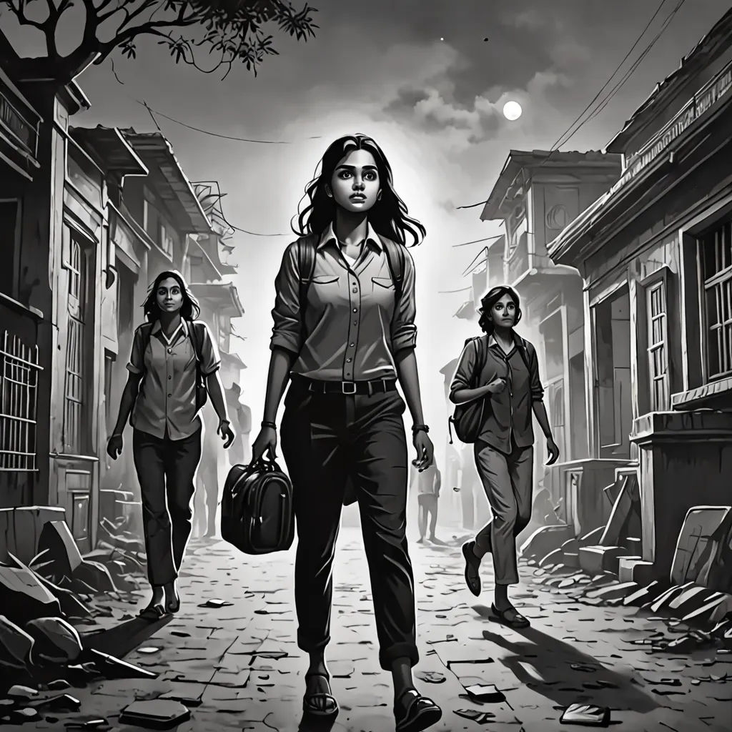 a woman walking down a street next to a man holding a bag of luggage and a woman walking away, bengal school of art, a comic book panel, Ella Guru, promotional image