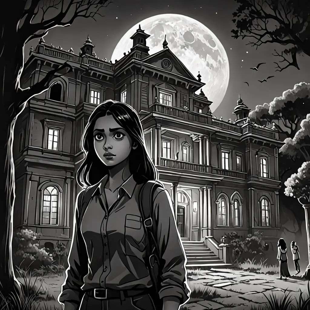 a woman standing in front of a creepy house with a full moon in the background and a creepy tree, serial art, a character portrait, Clarice Beckett, promotional image