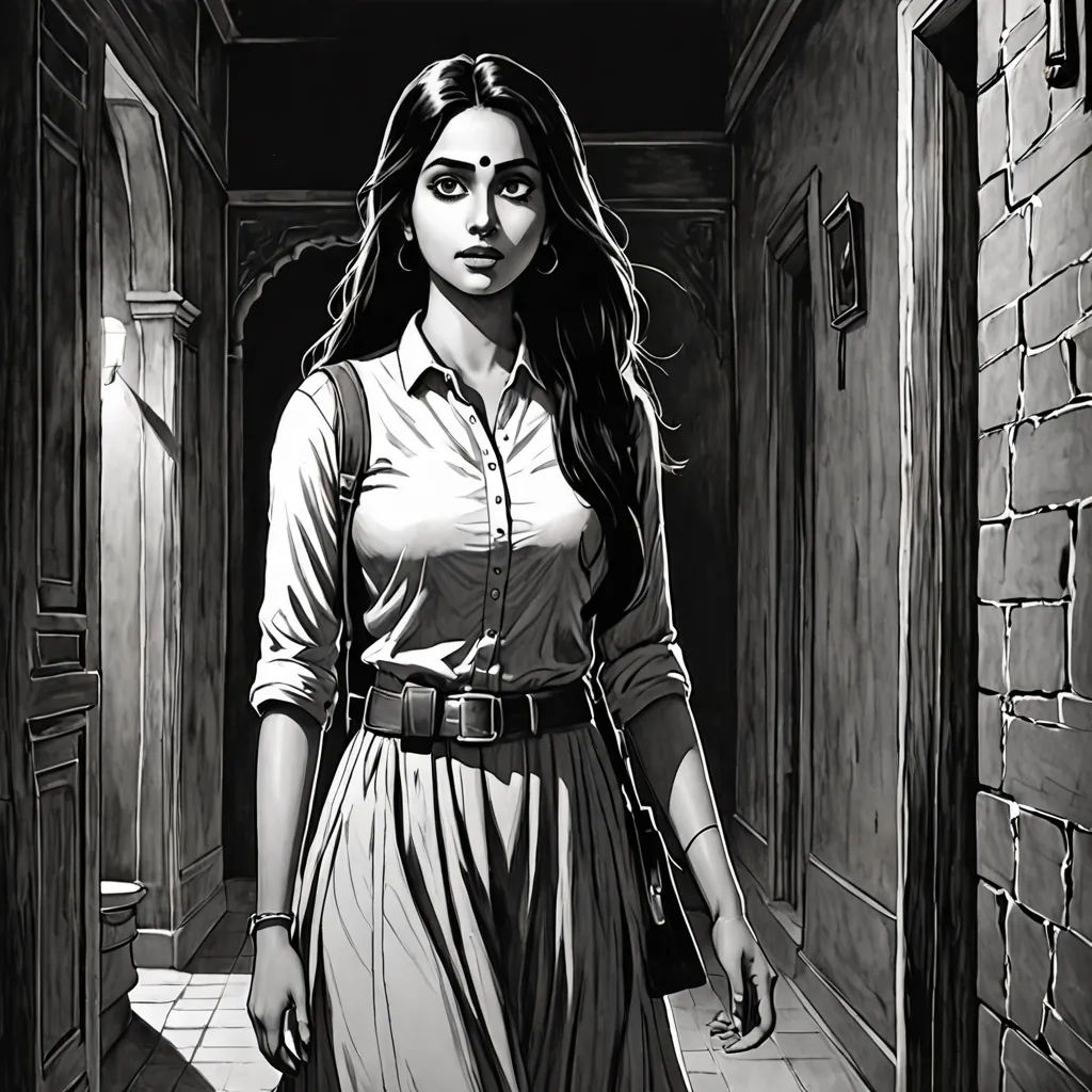 a woman in a dress walking down a hallway with a gun in her hand and a brick wall behind her, bengal school of art, a comic book panel, Ella Guru, promotional image