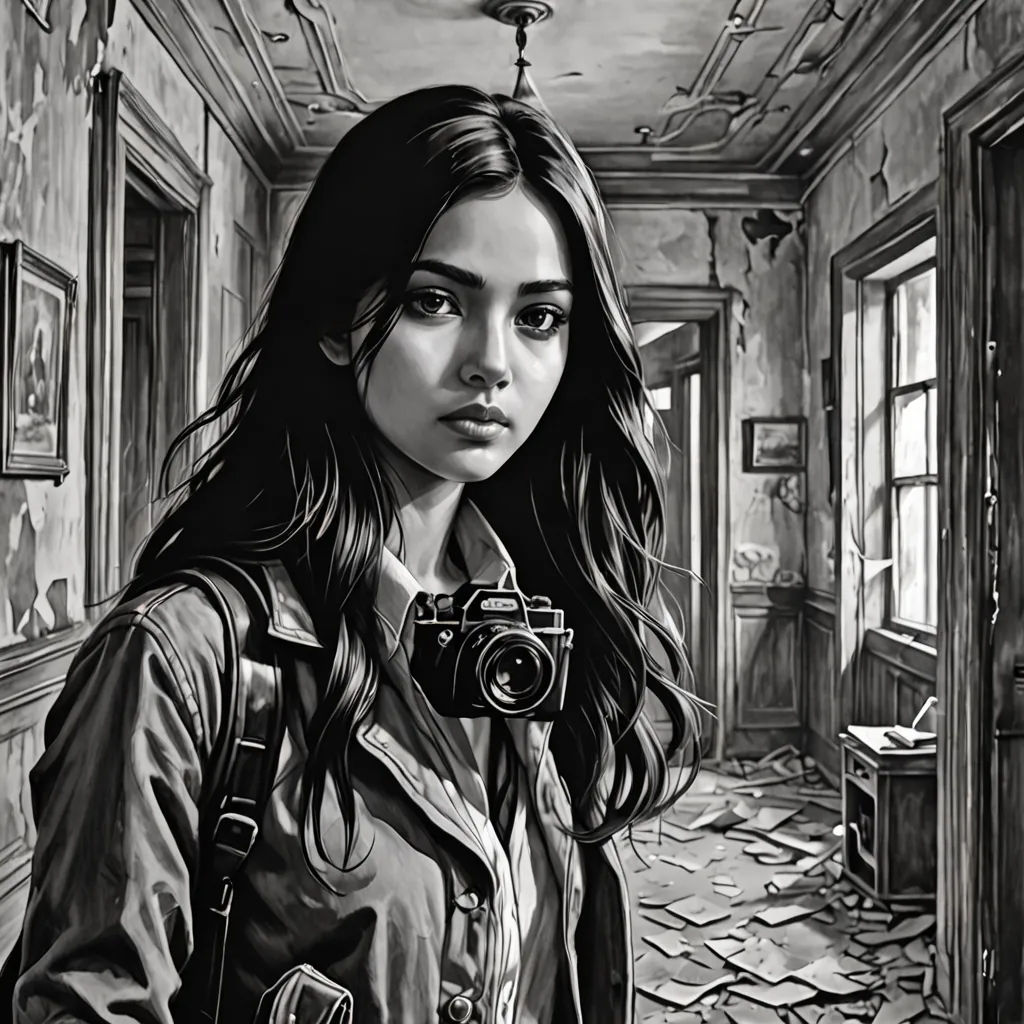 a woman holding a camera in a room with a broken ceiling and a broken ceiling ceiling is shown in the background, photorealism, a photorealistic painting, Dirk Crabeth, highly detailed digital painting