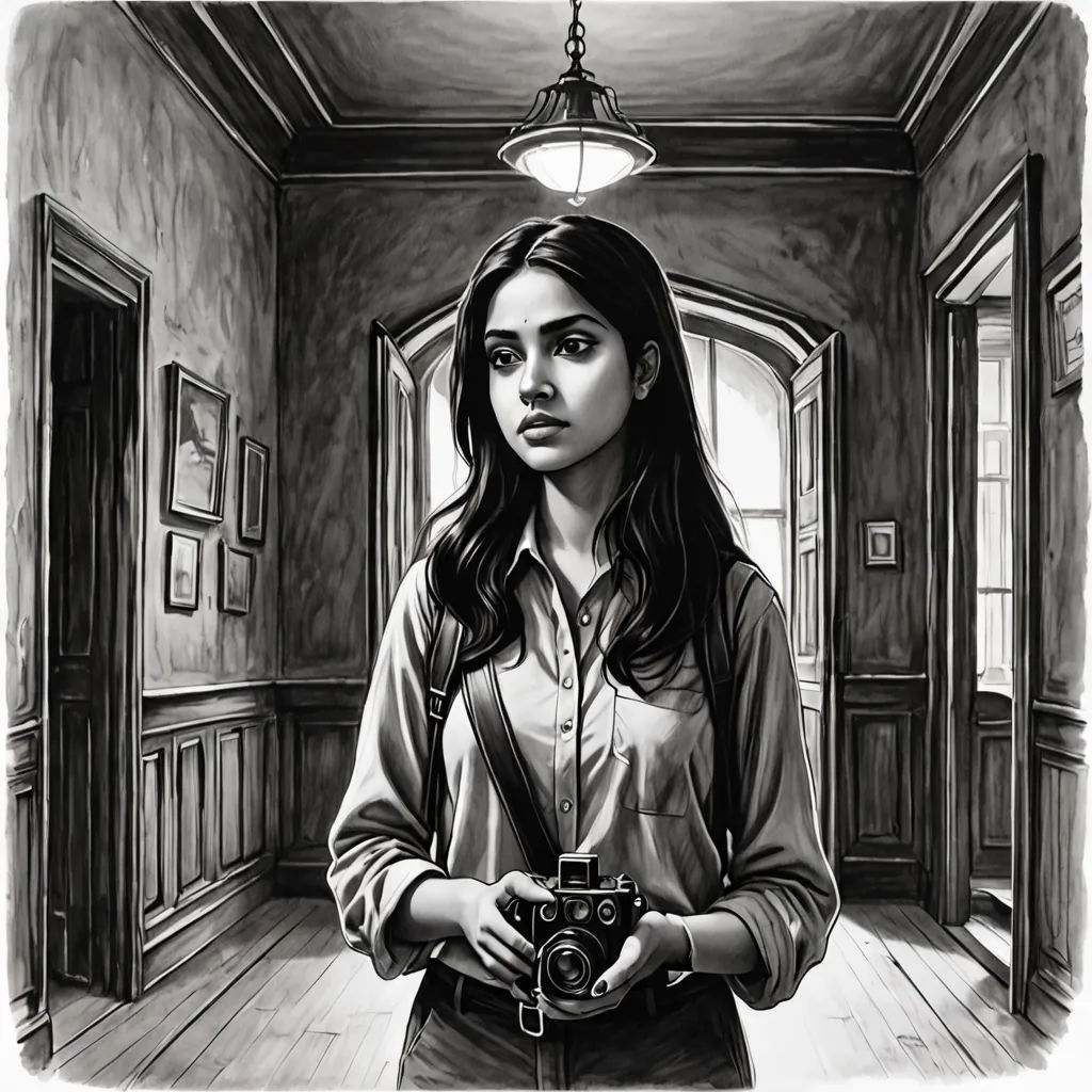 a woman holding a camera in a room with a light on the ceiling and a window above her head, photorealism, a character portrait, Farel Dalrymple, promotional image