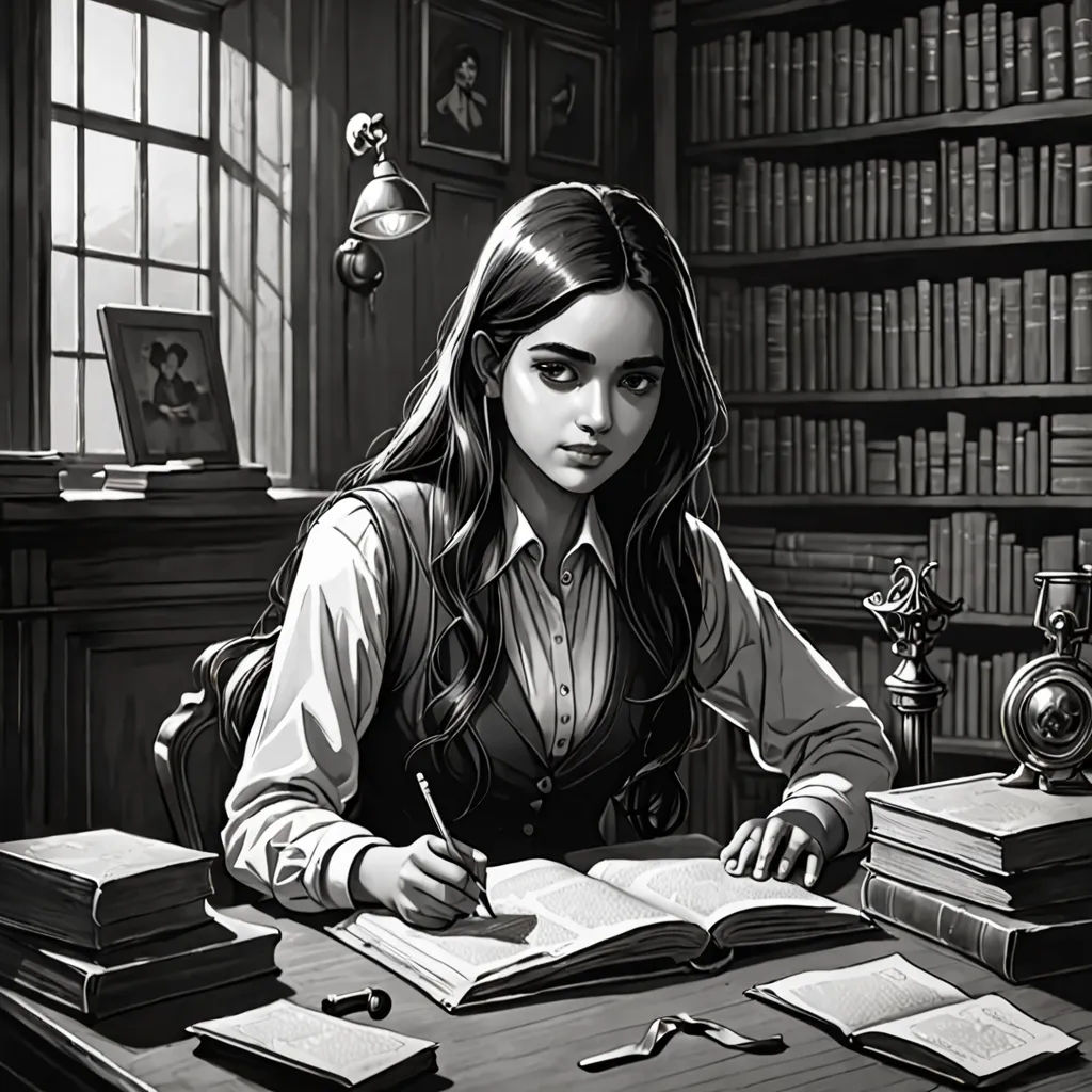 a girl sitting at a desk with a book and a pen in her hand and a book in front of her, fantasy art, a storybook illustration, Charlie Bowater, stanley artgerm lau