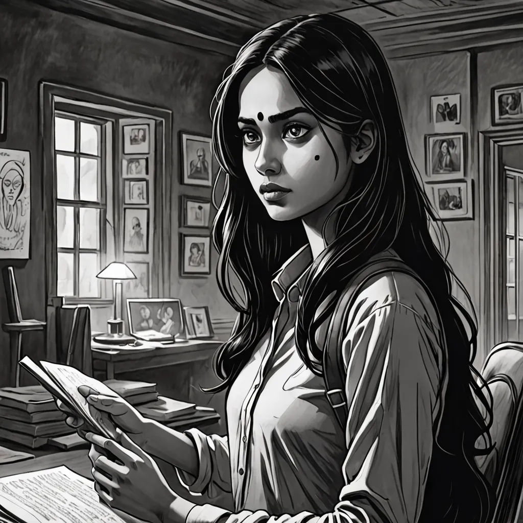 a woman sitting at a desk with a book in her hand and a lamp on top of it in a room with pictures on the walls, bengal school of art, a comic book panel, Artgerm, graphic novel