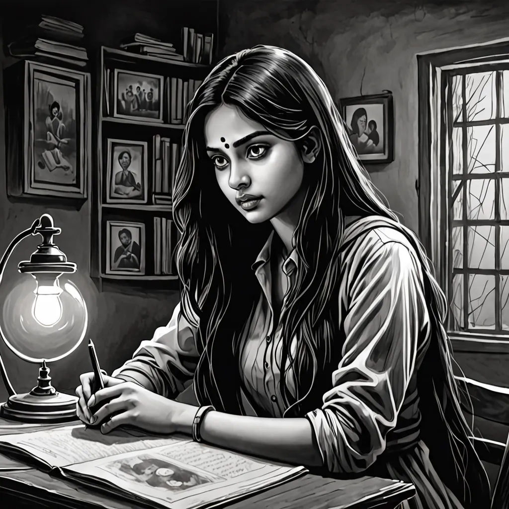 a woman sitting at a desk with a book and pen in her hand and a lamp on top of it, bengal school of art, a storybook illustration, Charlie Bowater, comic cover art
