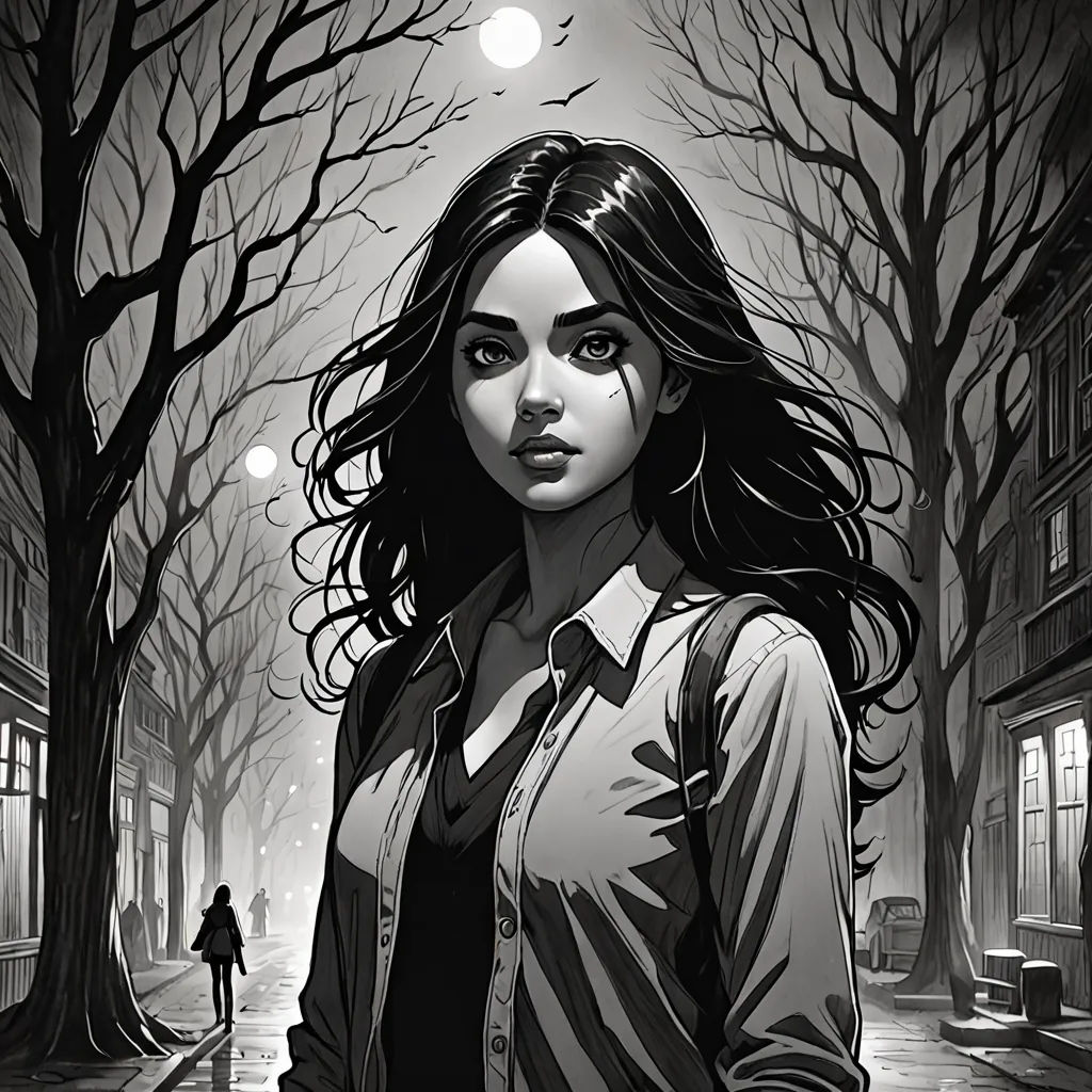 a woman standing on a street next to a tree filled street with a man walking by her on a rainy night, modern european ink painting, a comic book panel, Audrey Kawasaki, comic cover art