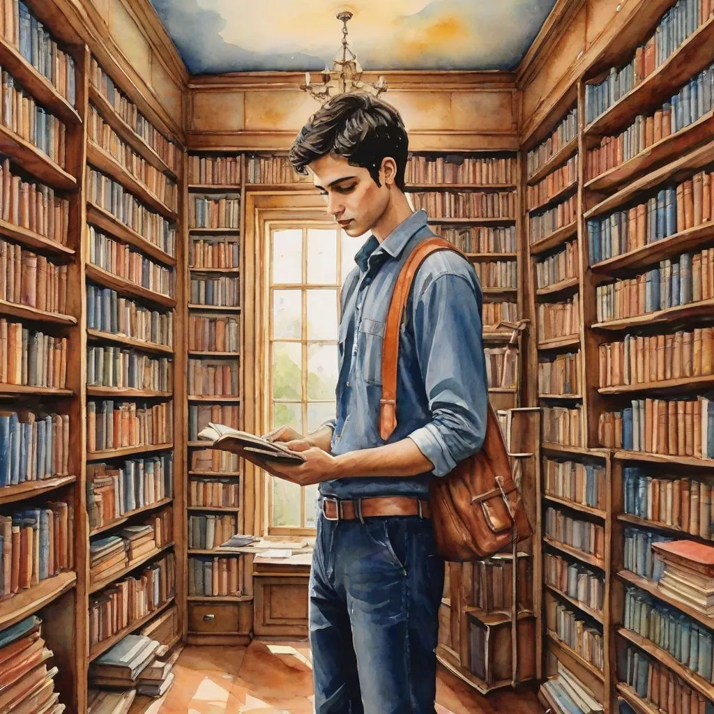 a man standing in a library reading a book with a book bag on his shoulder and a book in his hand, fantastic realism, a storybook illustration, Aaron Jasinski, stanley artgerm lau