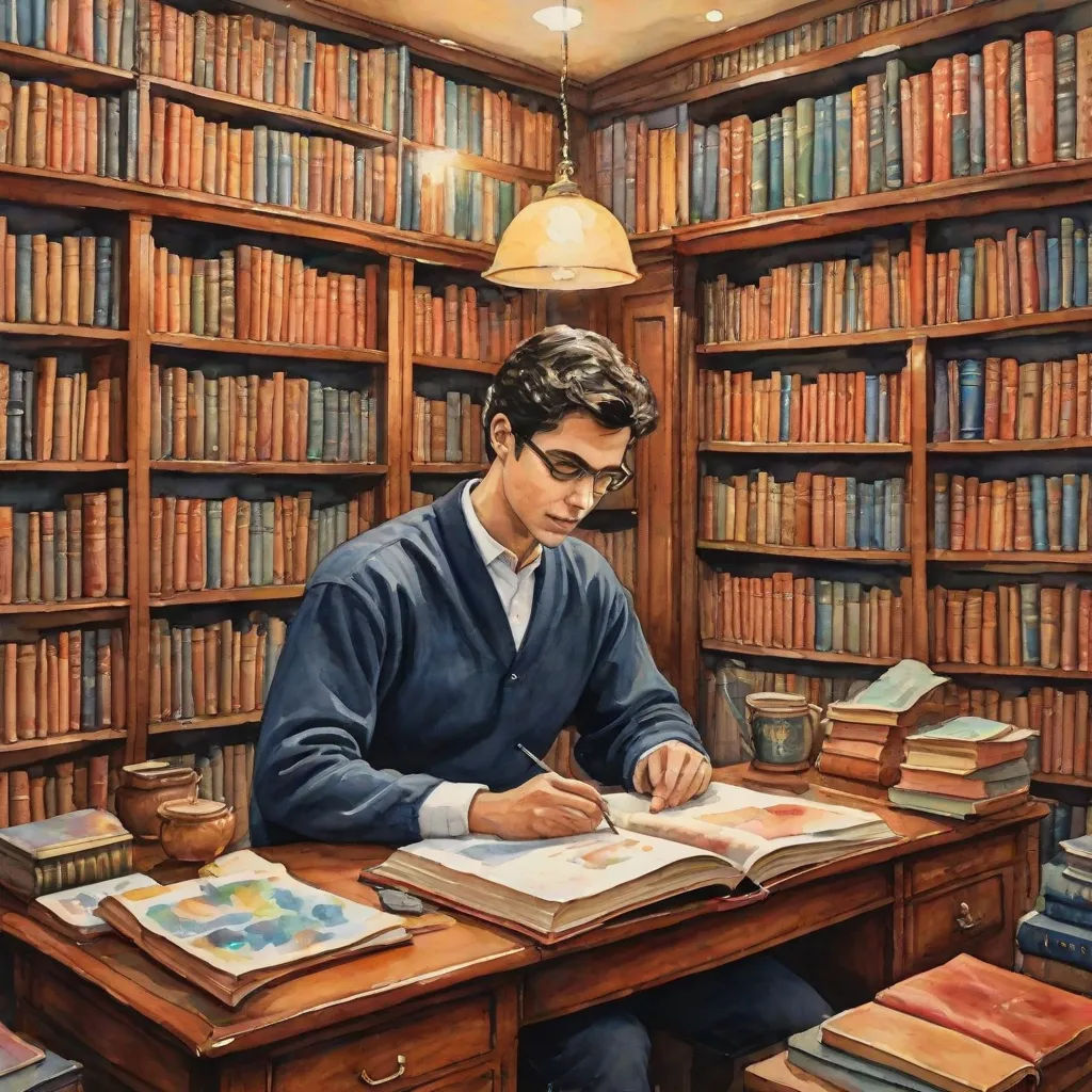 a painting of a man sitting at a desk in a library with books on the shelves and a lamp above him, academic art, a fine art painting, Charles Ginner, in gouache detailed paintings