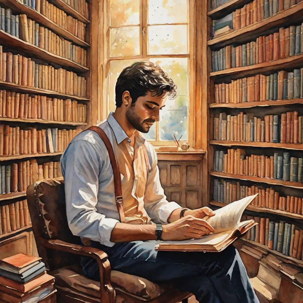 a man sitting in a chair reading a book in a library filled with bookshelves and a window, academic art, a fine art painting, Colin Middleton, detailed painting