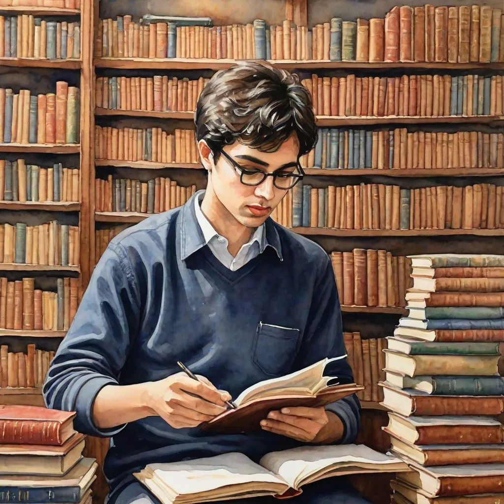 a painting of a man reading a book in a library with bookshelves in the background and a pile of books, academic art, a photorealistic painting, David Ligare, extremely detailed oil painting