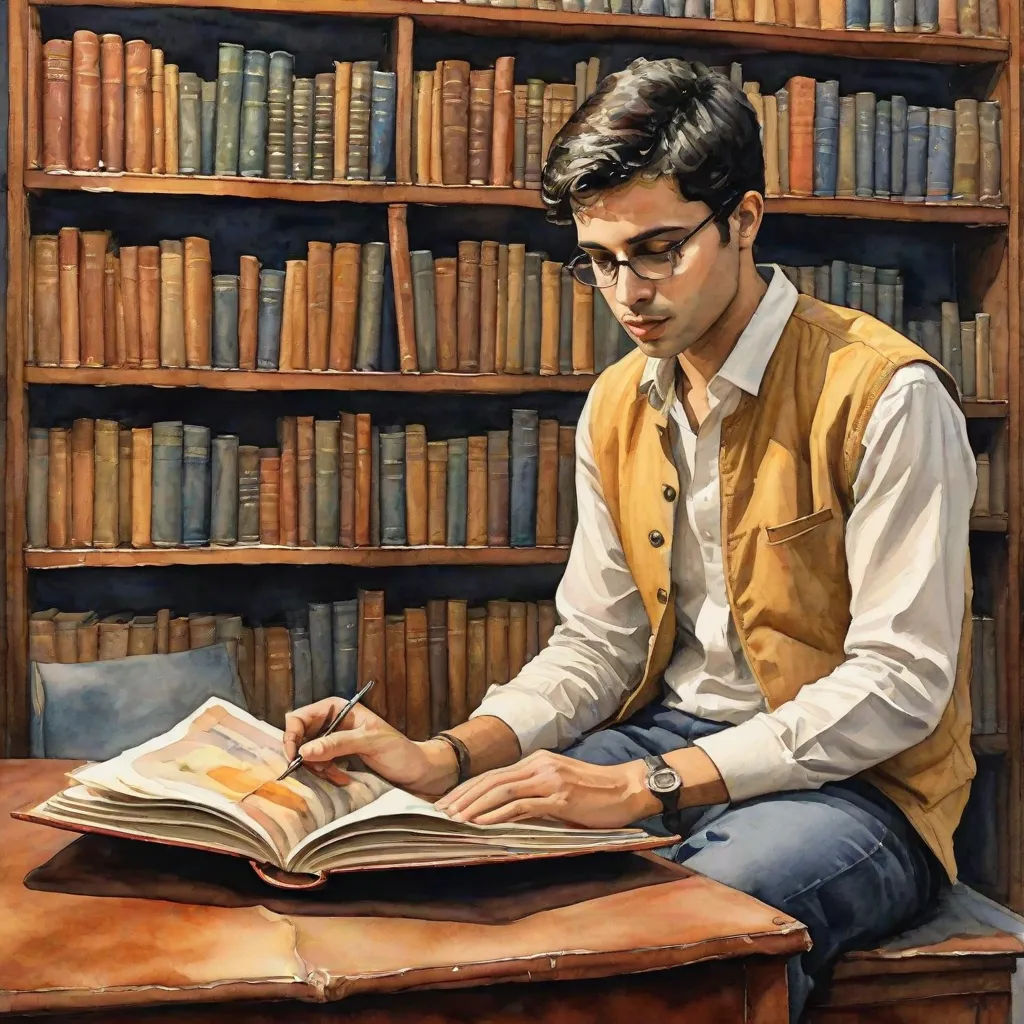 a man sitting at a table reading a book in front of a bookcase filled with books and books, academic art, a fine art painting, Bikash Bhattacharjee, extremely detailed oil painting