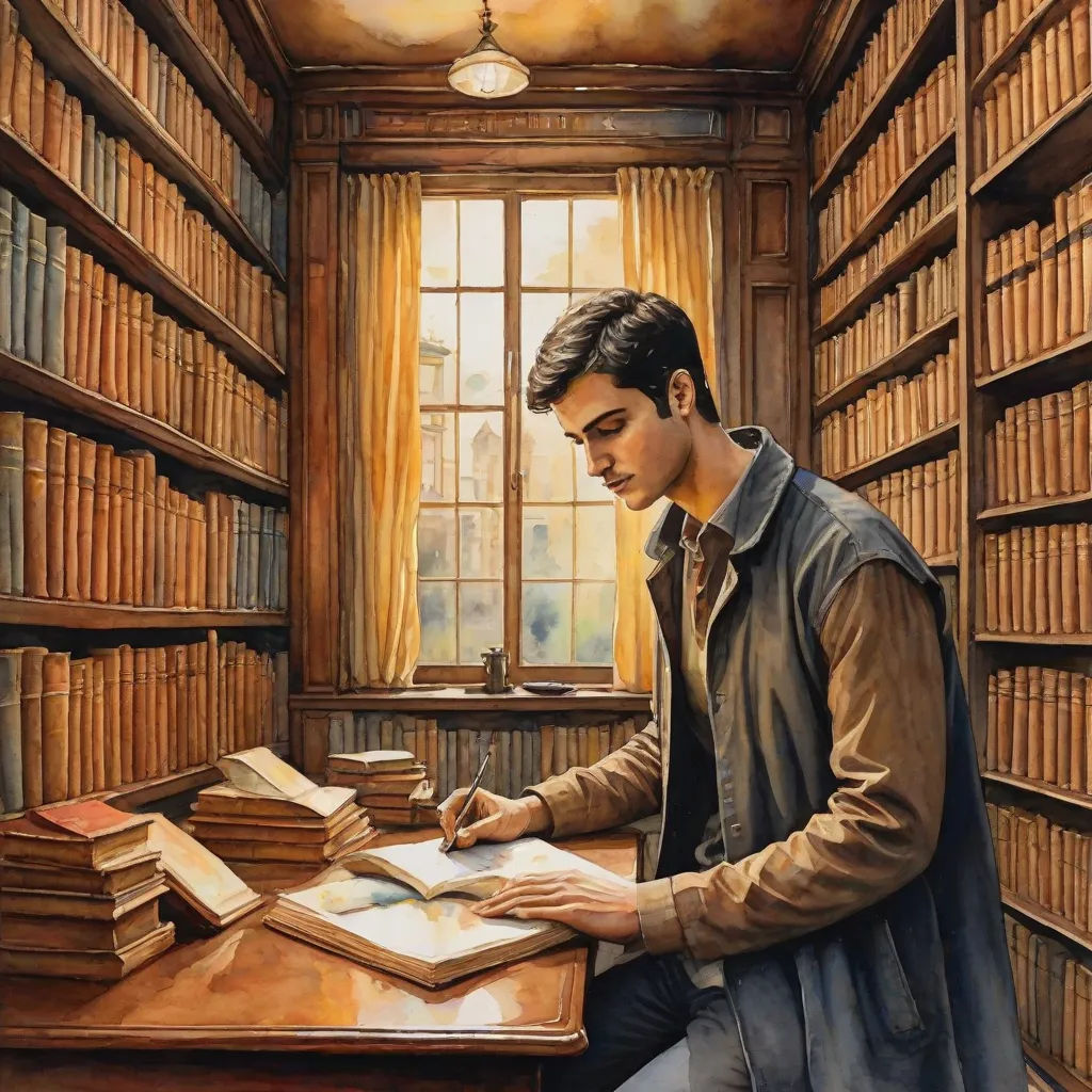a man sitting at a desk in a library with lots of books on it and a lot of books on the shelves, academic art, a fine art painting, Colin Middleton, pj crook