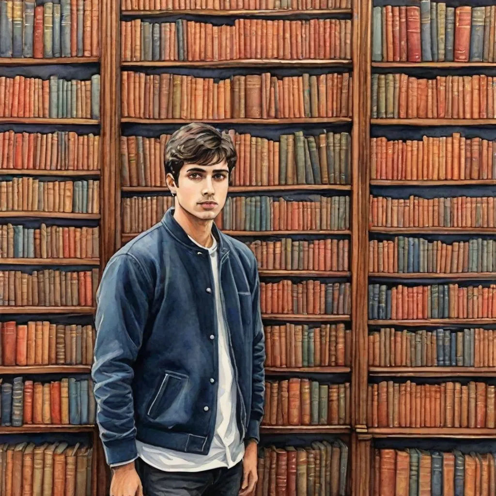 a man standing in front of a bookcase with books on it's shelves in front of him, hyperrealism, a hyperrealistic painting, David Brewster, extremely detailed oil painting