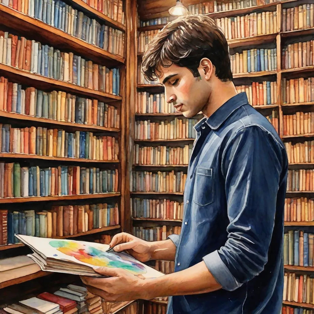 a man is reading a book in a library full of bookshelves and bookshelves are full of books, figurative art, a fine art painting, F. Scott Hess, in gouache detailed paintings