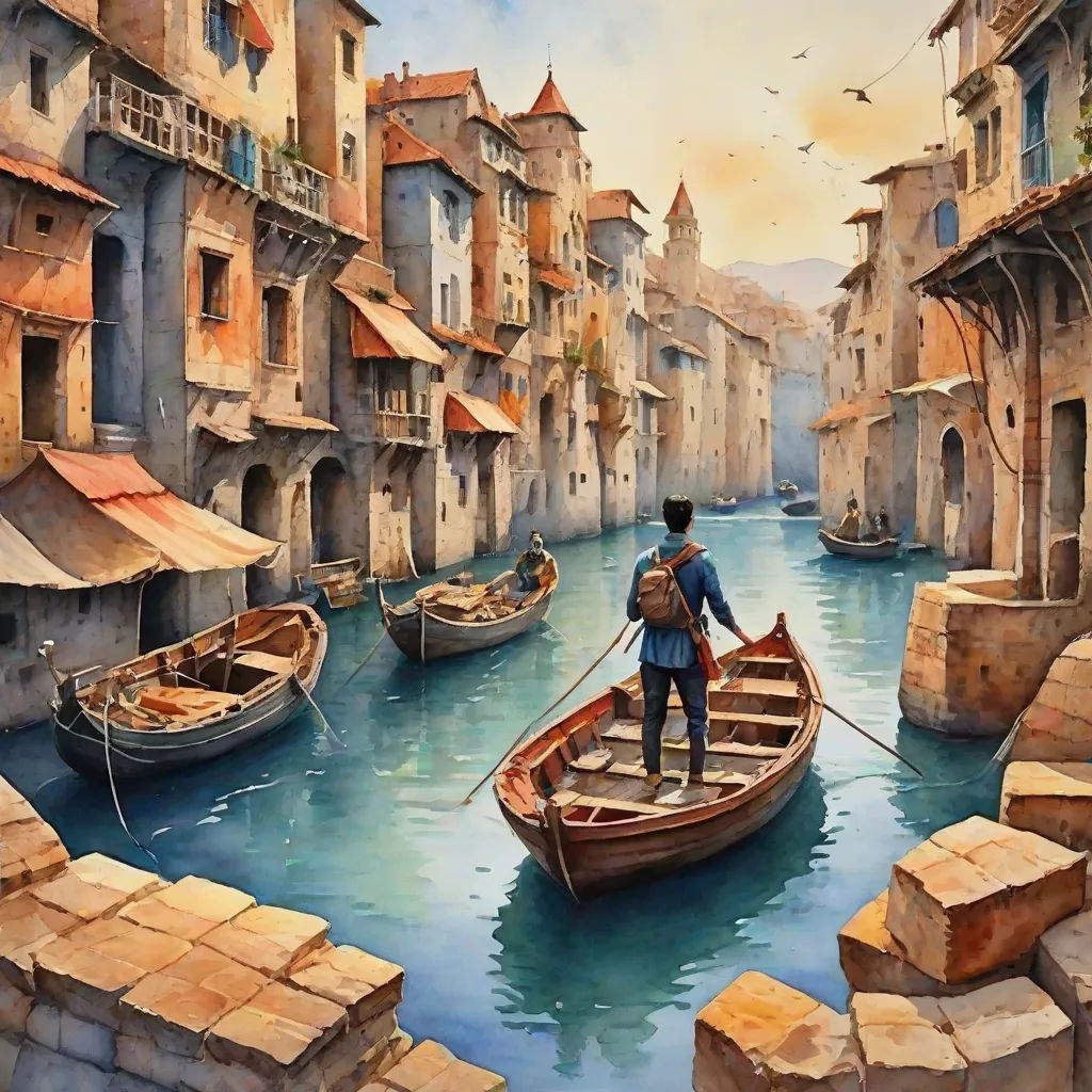 a painting of a man standing on a boat in a canal with other boats in the water and buildings on either side, fantasy art, a detailed matte painting, Evgeny Lushpin, kinkade