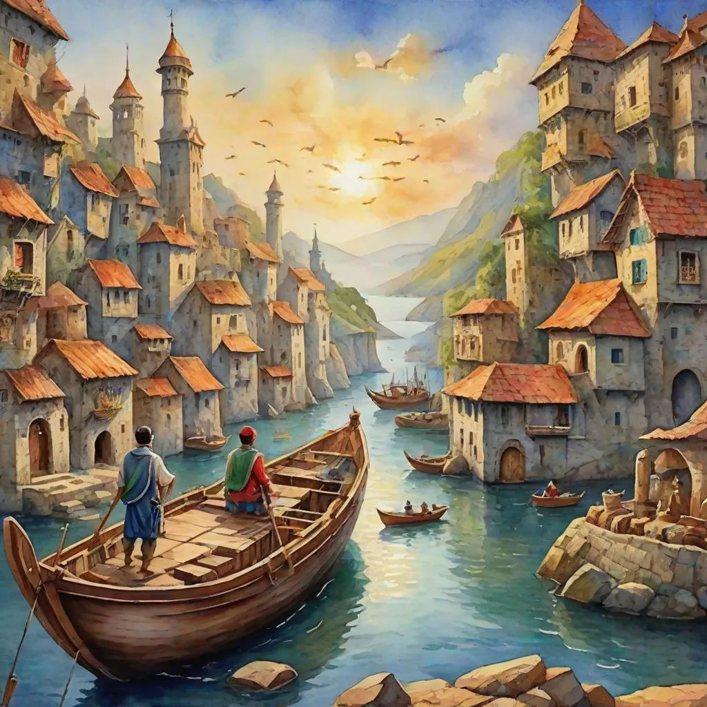 a painting of a man and a woman in a boat on a river with a castle in the background, fantasy art, a detailed matte painting, Christophe Vacher, kinkade