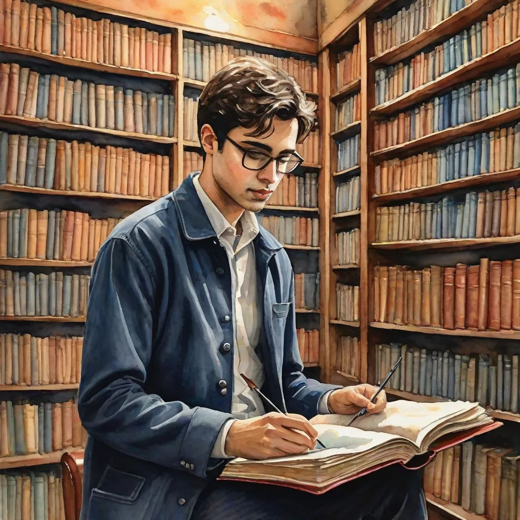a man sitting in a library writing on a book while holding a pen and paper in his hand and a book in his other hand, academic art, a fine art painting, David Ligare, official art