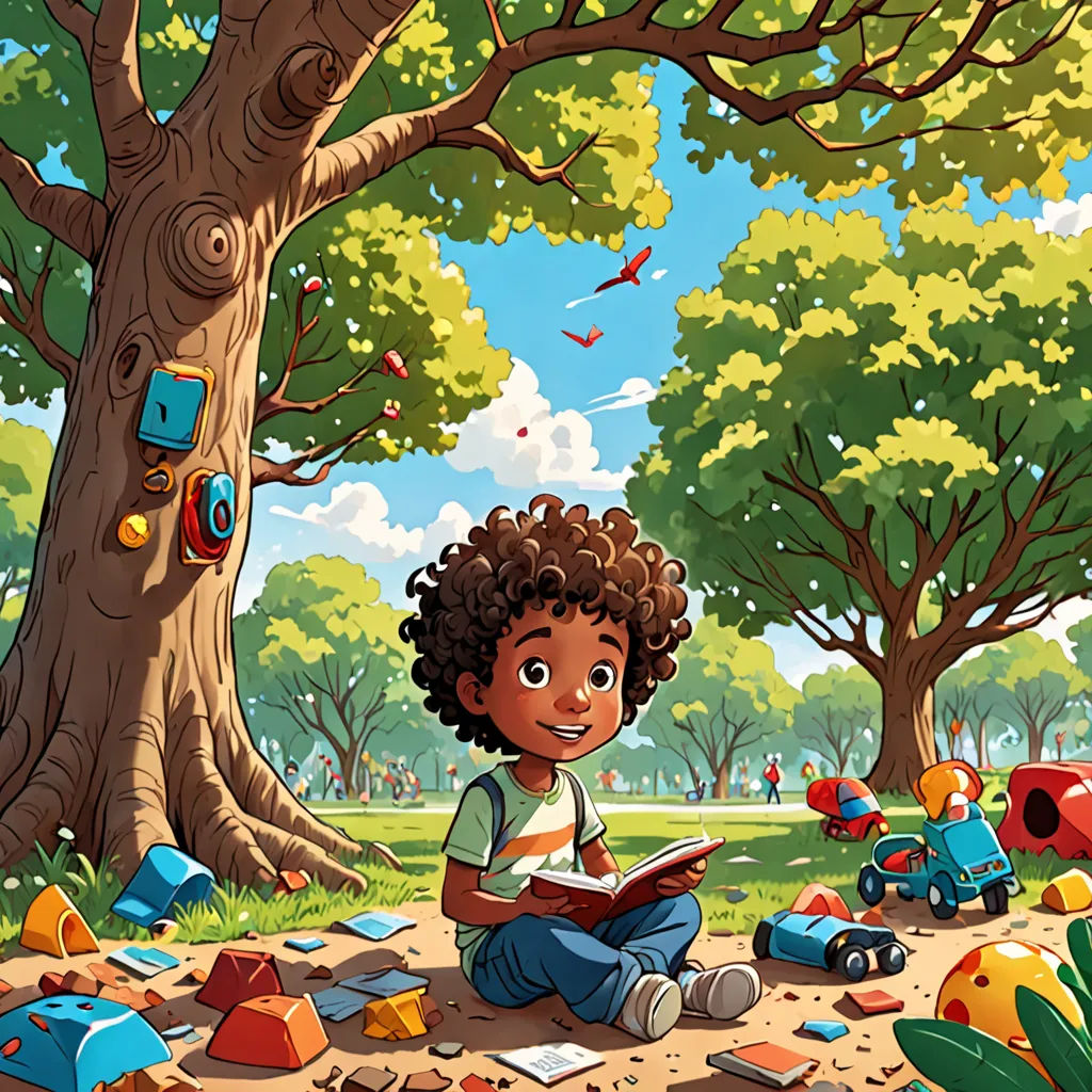 a boy sitting on the ground reading a book in a park with toys and trees around him and a bird on the ground, environmental art, a storybook illustration, Chris LaBrooy, storybook illustration