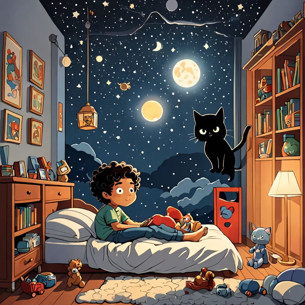 a child is reading a book in a bedroom with a cat on the wall and a cat on the bed, space art, a storybook illustration, Chris LaBrooy, storybook illustration