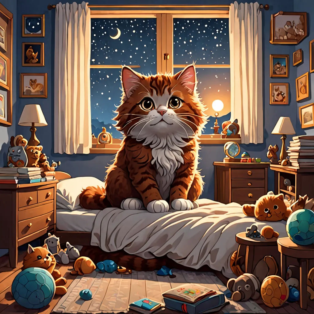 a cat sitting on a bed in a room with a window and a night sky outside of it,, fantasy art, a storybook illustration, Chris LaBrooy, rossdraws global illumination