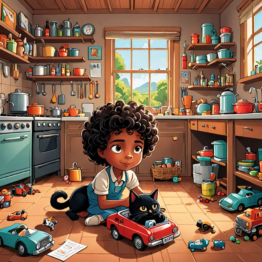a little girl playing with a black cat in a kitchen with toys and a toy car on the floor, american scene painting, a storybook illustration, Chris LaBrooy, storybook illustration