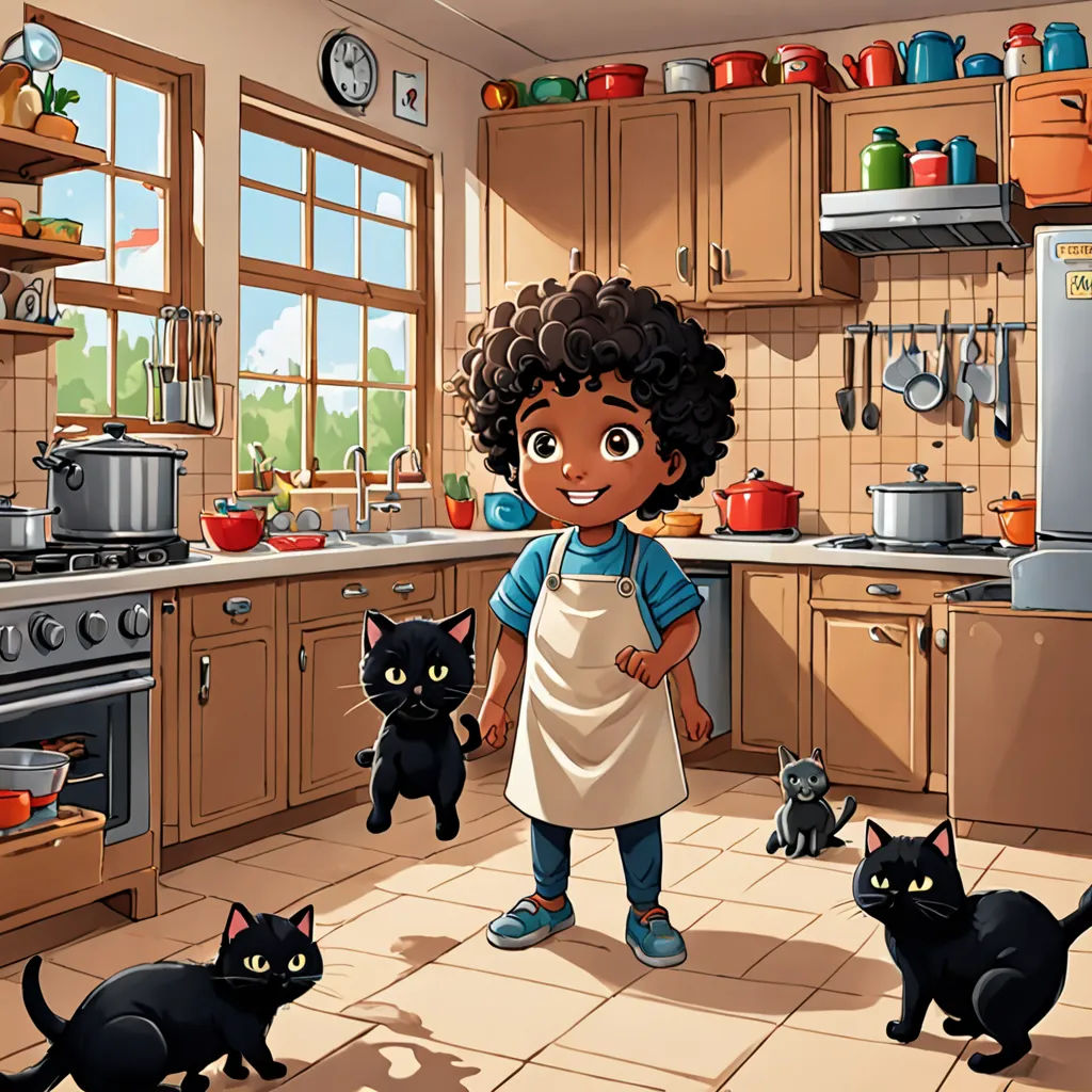 a cartoon girl in a kitchen with cats around her and a cat on the floor looking at her in the kitchen, american scene painting, a storybook illustration, Cedric Seaut (Keos Masons), storybook illustration