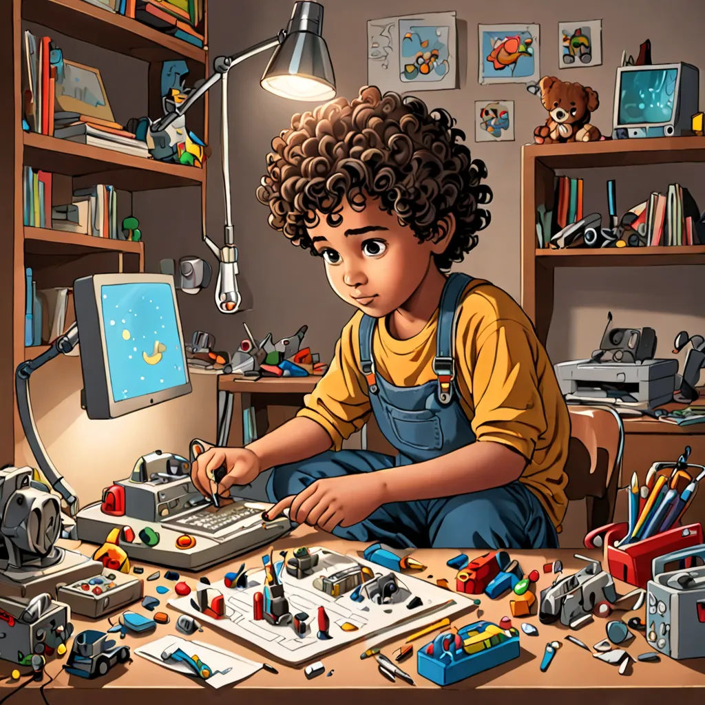 a boy is working on a computer in his room with toys and a lamp on the desk and a bookcase, computer art, computer graphics, Aaron Jasinski, highly detailed digital painting