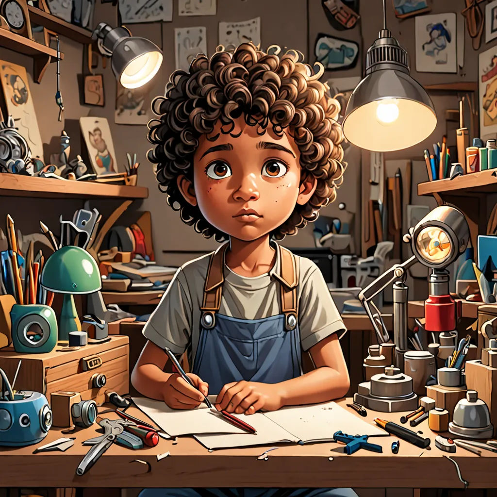 a young boy sitting at a desk with a pen and paper in his hand and a lamp above him, photorealism, a storybook illustration, Chris LaBrooy, cgstudio