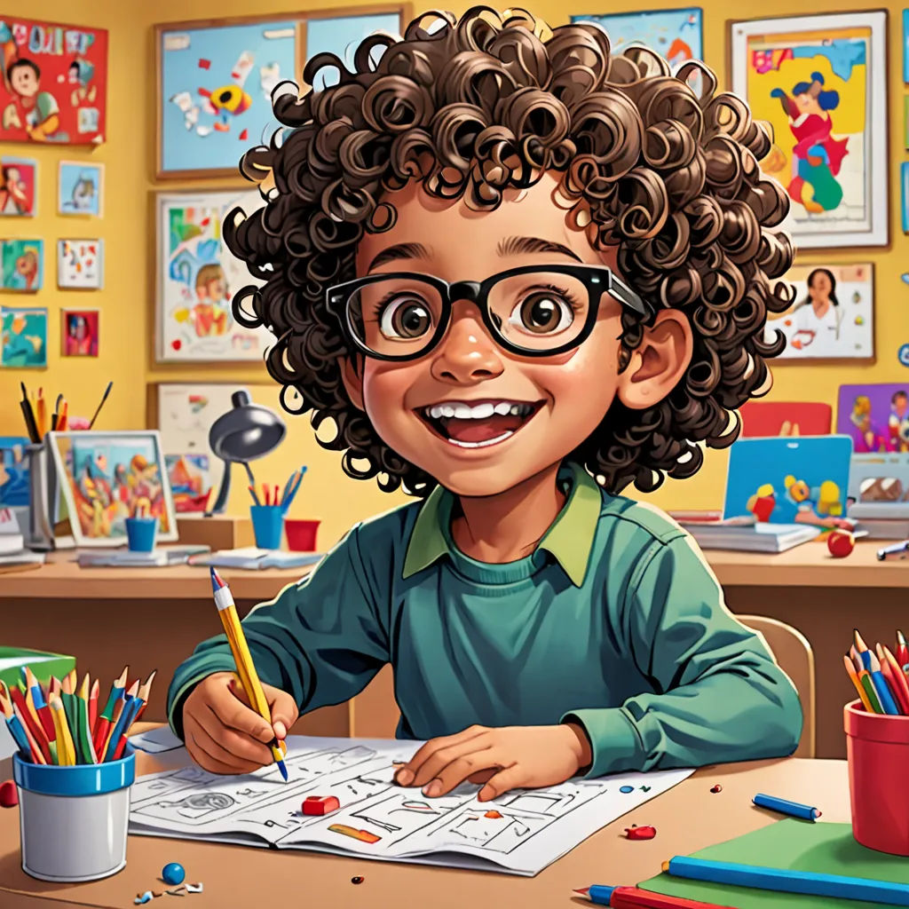 a cartoon boy with glasses is doing his homework in his classroom with a lot of art supplies on the desk, process art, a character portrait, Chris LaBrooy, behance hd
