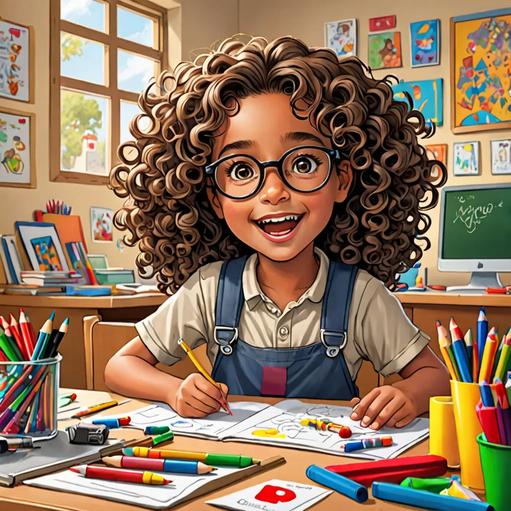 a cartoon girl with glasses and a pencil in her hand sitting at a desk with lots of colored pencils, naive art, a storybook illustration, artist, professional digital painting