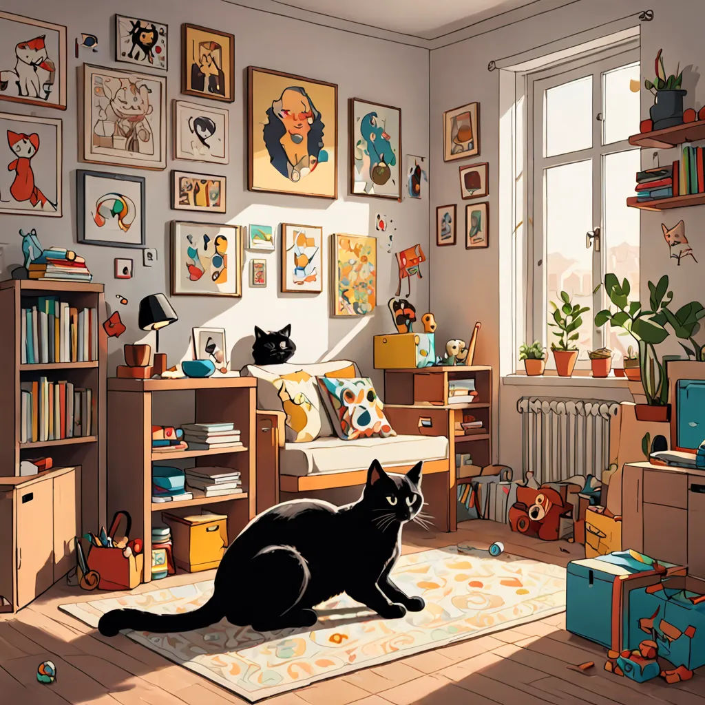 a black cat sitting on a rug in a room with a window and a bookcase full of books, photorealism, a storybook illustration, Atey Ghailan, rossdraws global illumination