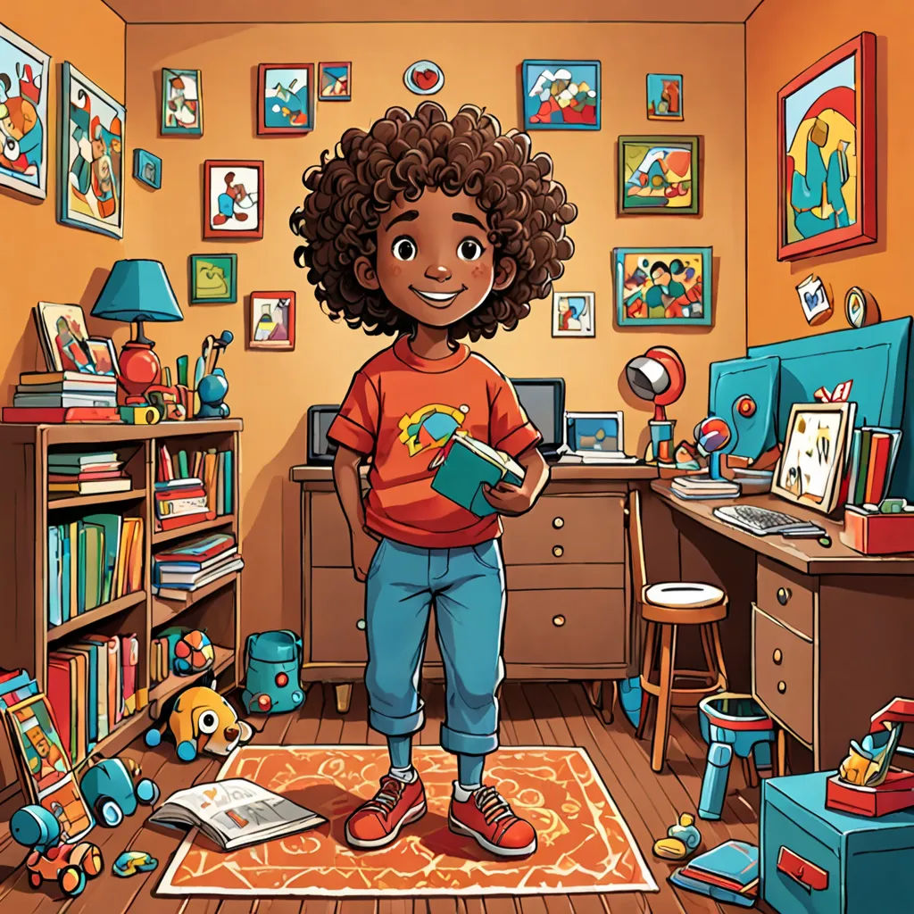 a cartoon of a young girl standing in a room with toys and books on the floor and a desk with a computer on it, lyco art, a storybook illustration, Chris LaBrooy, promotional image