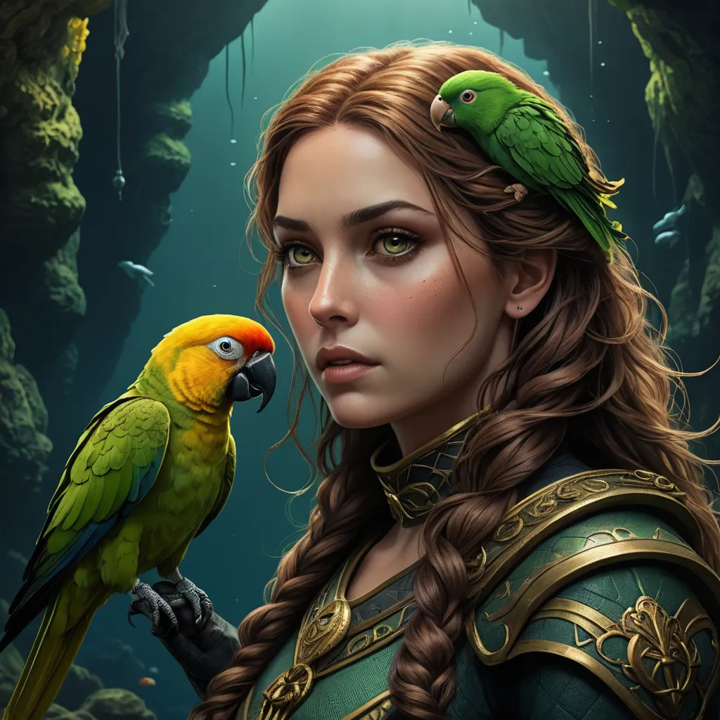 a woman with a parrot on her shoulder in a forest setting with a cave in the background, and a cave in the background, fantasy art, a detailed painting, Art of Brom, highly detailed digital painting