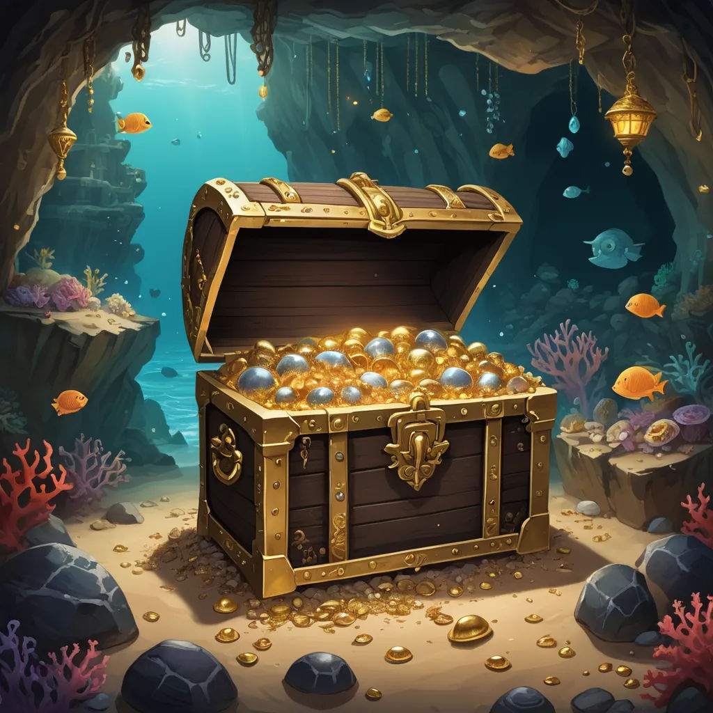 a chest with gold coins in a underwater cave with fish and corals on the bottom of the water, fantasy art, a stock photo, Aquirax Uno, game art