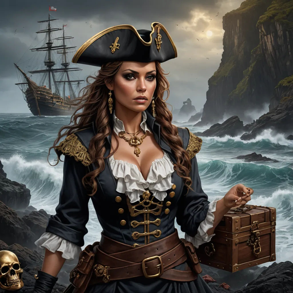 a woman in a pirate costume holding a chest of drawers and a skull in her hand, standing in front of a rocky shore, fantasy art, a character portrait, Alex Horley-Orlandelli, highly detailed digital painting
