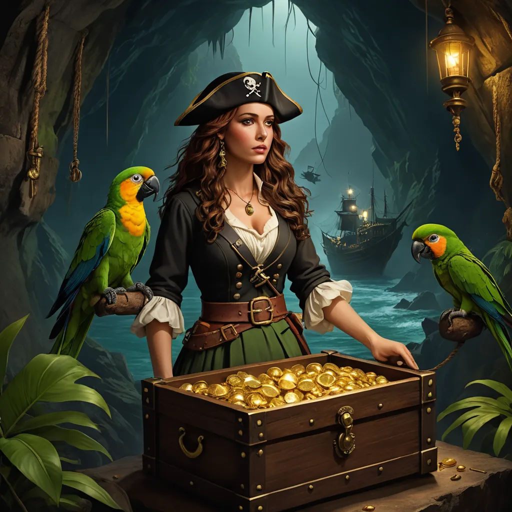 a woman in a pirate costume holding a chest of gold with two parrots on her shoulder and a pirate ship in the background, fantasy art, a character portrait, Anne Stokes, highly detailed digital painting